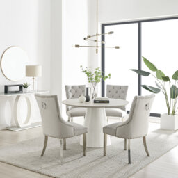 Edzard Statement 4 Person Round Dining Table Set in Luxury Stone Effect - Velvet Dining Chairs