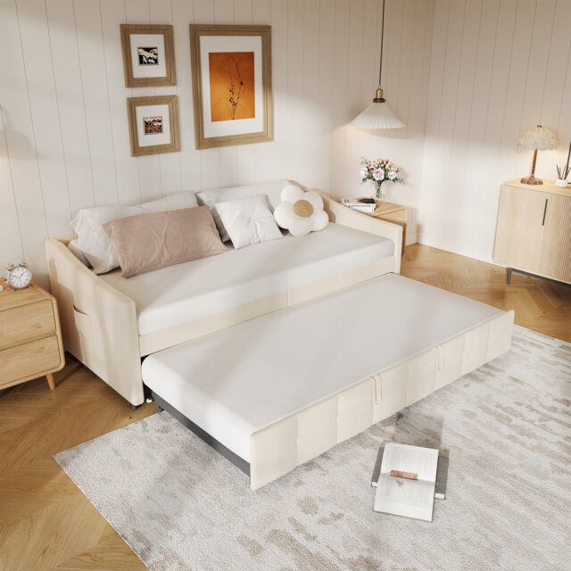 Upholstered Sofa Bed With Trundle, Pull-Out Guest Bed Frame, Modern Fabric Daybed With Underbed Trundle For Living Room, Bedroom Or Guest Room