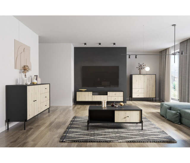 RAVI TV Cabinet - Black Frame & Oak Artisan Front W150 - Sleek Media Storage with Drawer & Open Niche
