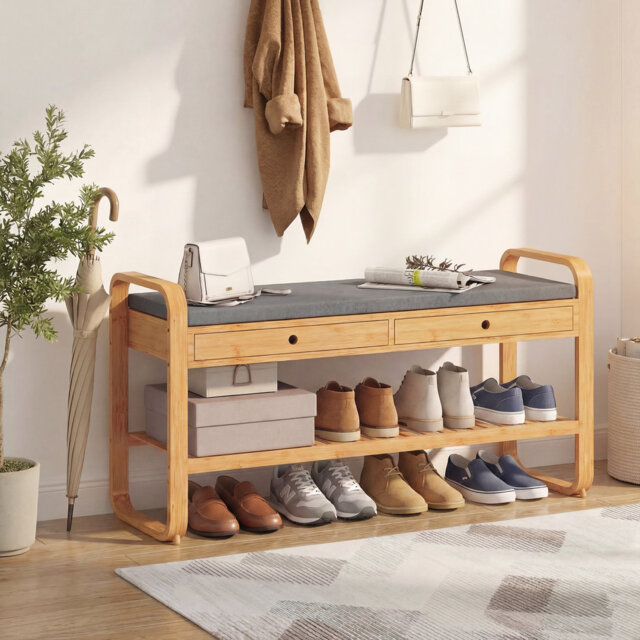 HOMCOM Shoe Bench with 2 Drawers 105 x 33.2 x 55 cm Natural and Grey