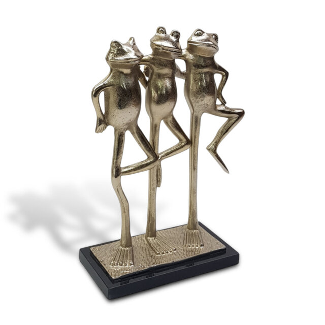 Trio Frog Figurine Ornament and Home Accessory in Champagne Gold – Aluminium and Marble – 39cm Tall