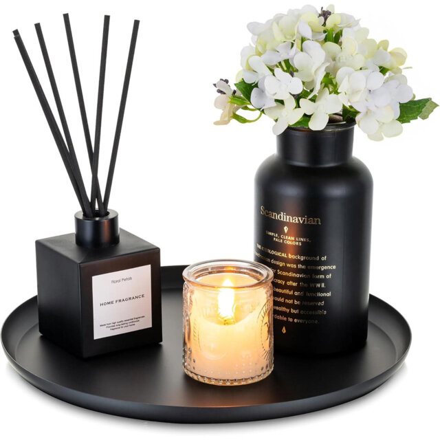 "11"" Black Round Metal Decorative Candle Tray – Serving & Organizer for Coffee Table, Kitchen Counter - Modern Farmhouse Decor"