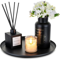 "11"" Black Round Metal Decorative Candle Tray – Serving & Organizer for Coffee Table, Kitchen Counter - Modern Farmhouse Decor"