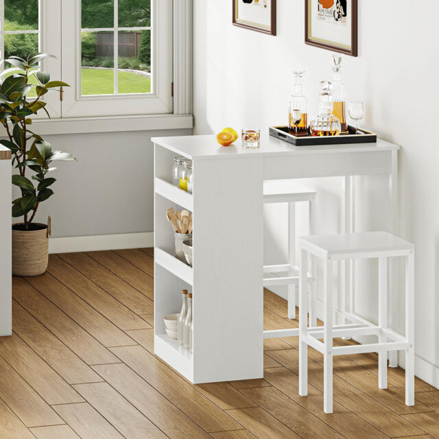 Breakfast Bar Table And Stools Set, Bar Table Set With Bar Stools, Breakfast Bar Dining Bar Table Footrest And Storage Shelf For Kitchen Dining Room P