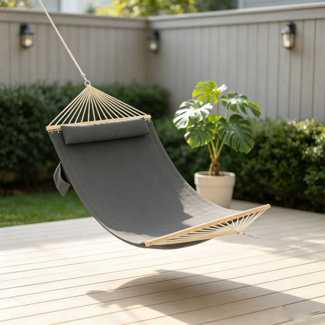 Double Quilted Fabric Hammock with Spreader Bar & Detachable Pillow – 350 cm Two-Person Outdoor Swing Bed, 450 lbs Capacity for Patio, Backyard, Pools