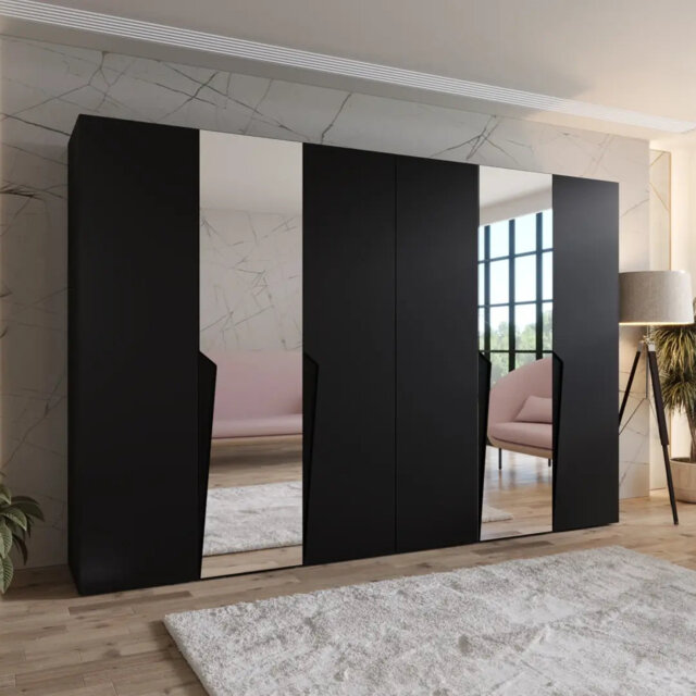 Piano II Hinged Door Wardrobe 300cm - Six-Door Mirrored Wardrobe with Shelves and Hanging Rails