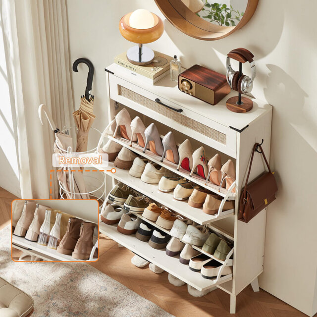 Shoe Storage Cabinet for Entryway with 2 Rattan Flip Drawers, Boho Narrow Shoe Cabinets for 16-20 Pairs Shoes with Large Drawers, Hidden Slim Rack wit