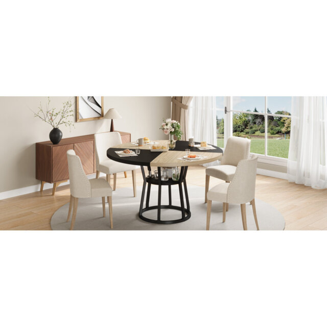 120 cm Round Kitchen Dining Table for 4-6 People, Circle Dinner Table with Metal Frame, Storage Shelf, Space Saving Wooden Kitchen & Dining Room Furni