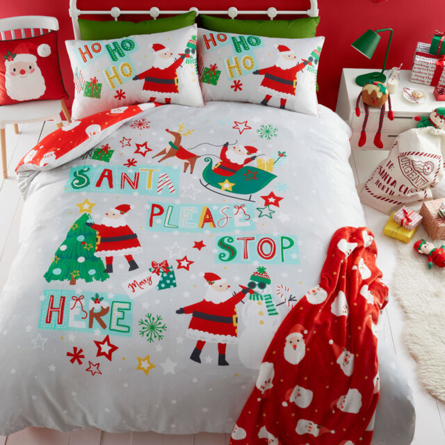Santa Please Stop Here Polyester Block Print Duvet Cover Set with Pillowcases Included