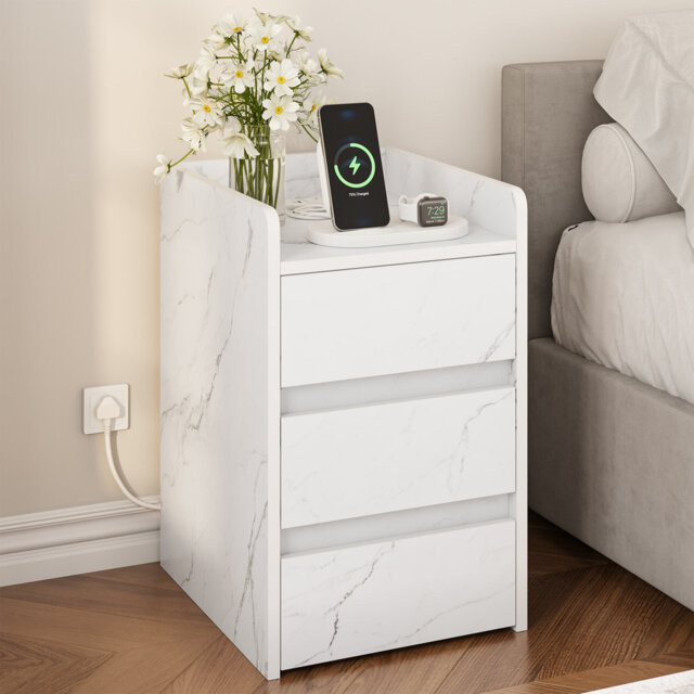 Bedside Table With 3 Drawers And Power Station, Modern Nightstand End Table, 35 X 40 X 59Cm