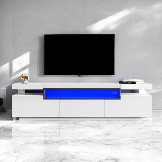 White TV Stand Cabinet For 70-Inch TV High Gloss Unit With LED Lights, 3 Drawers, 3 Open Storage Space TV Stand