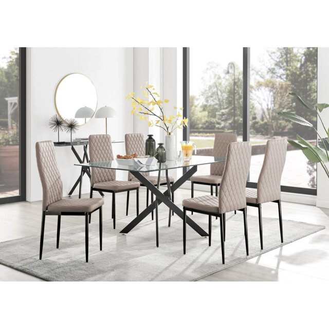 Lenworth Black Metal and Glass Rectangular Dining Table Set with 6 Quilted Faux Leather Chairs