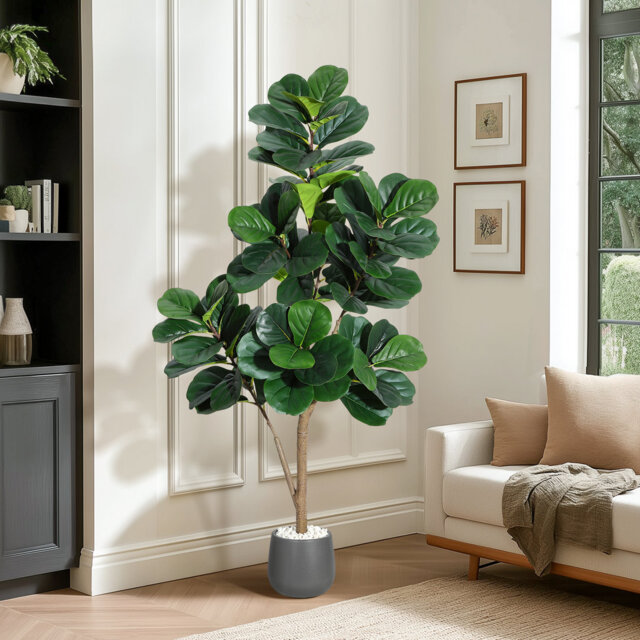 Lifelike 5ft Artificial Fiddle Leaf Fig Tree – Faux Ficus Lyrata Floor Plant with 77 Realistic Leaves in 7.8in White Planter Pot – Decorative Greenery