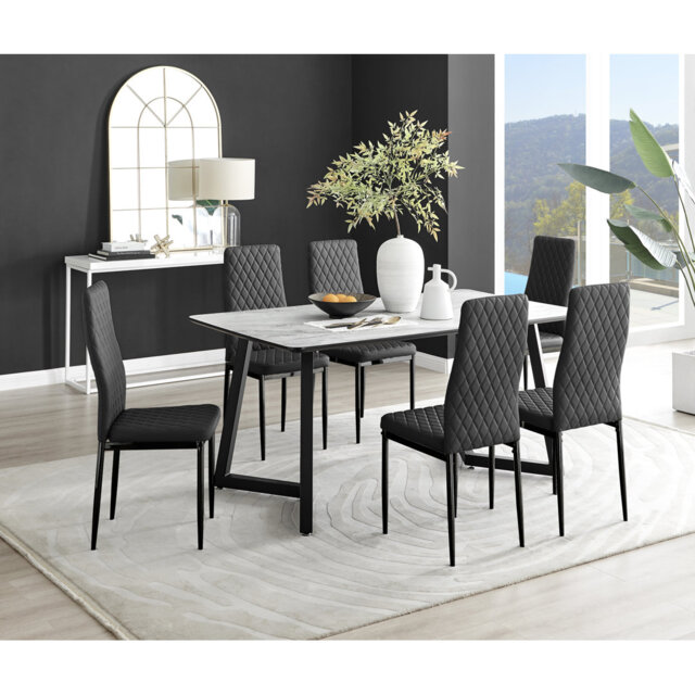 Industrial Design White & Grey Marble Effect Melamine Dining Table Set with 6 Faux Leather Chairs