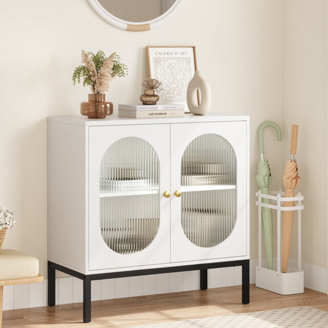 Boho Rattan Sideboard Buffet Cabinet with Changhong Glass Doors & Adjustable Shelf - Vintage Wooden Console with Metal Feet for Entryway & Living Room