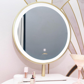 Round Lighted Metal Framed Free Standing Makeup/Shaving Mirror in Gold