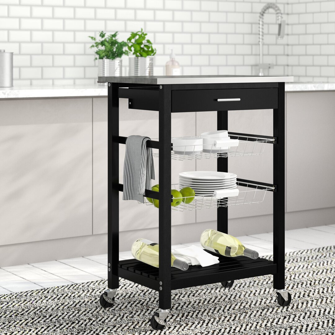 Dandre 60 Cm' Solid Wood Kitchen Trolley with Stainless Steel and Locking Wheels