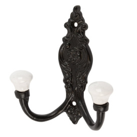 Hammer & Tongs - Ornate Double White Ceramic Coat Hook - W100mm x H115mm - Black