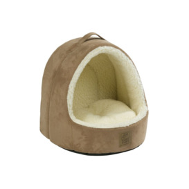 Lafayette Hooded Suede / Sheepskin Cat Bed in Tan