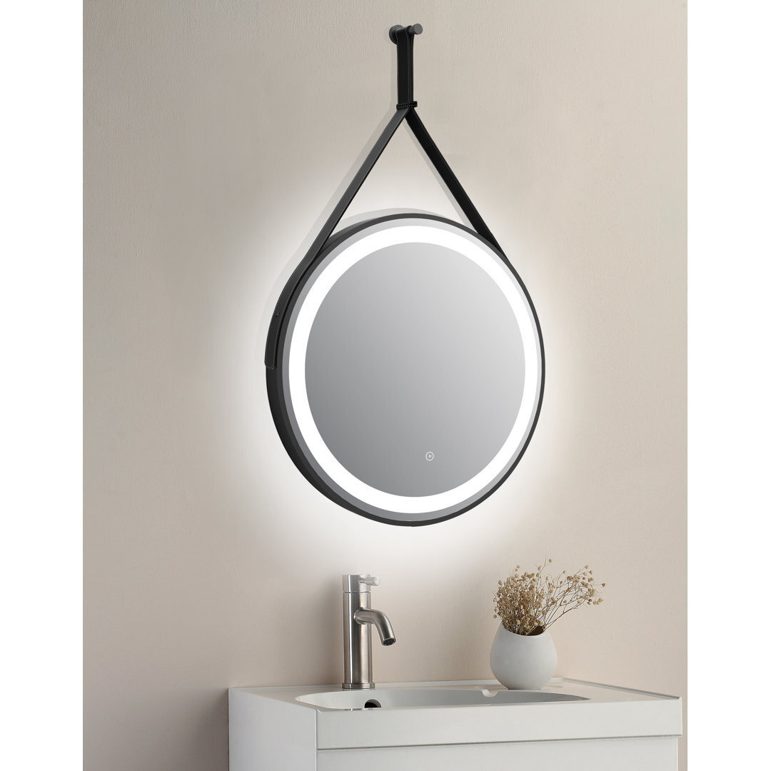 Daemyn Round Lighted Metal Framed Rope Hanging Bathroom Mirror in Black