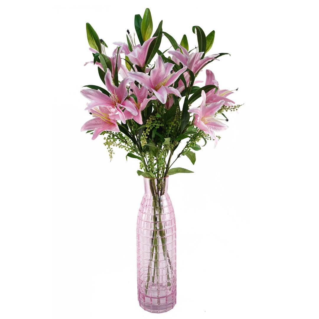Artificial Pink Lily Flower Arrangement Glass Vase