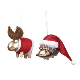2 Piece Xmas Moose/Hedgehog Hanging Figurine Ornament Set