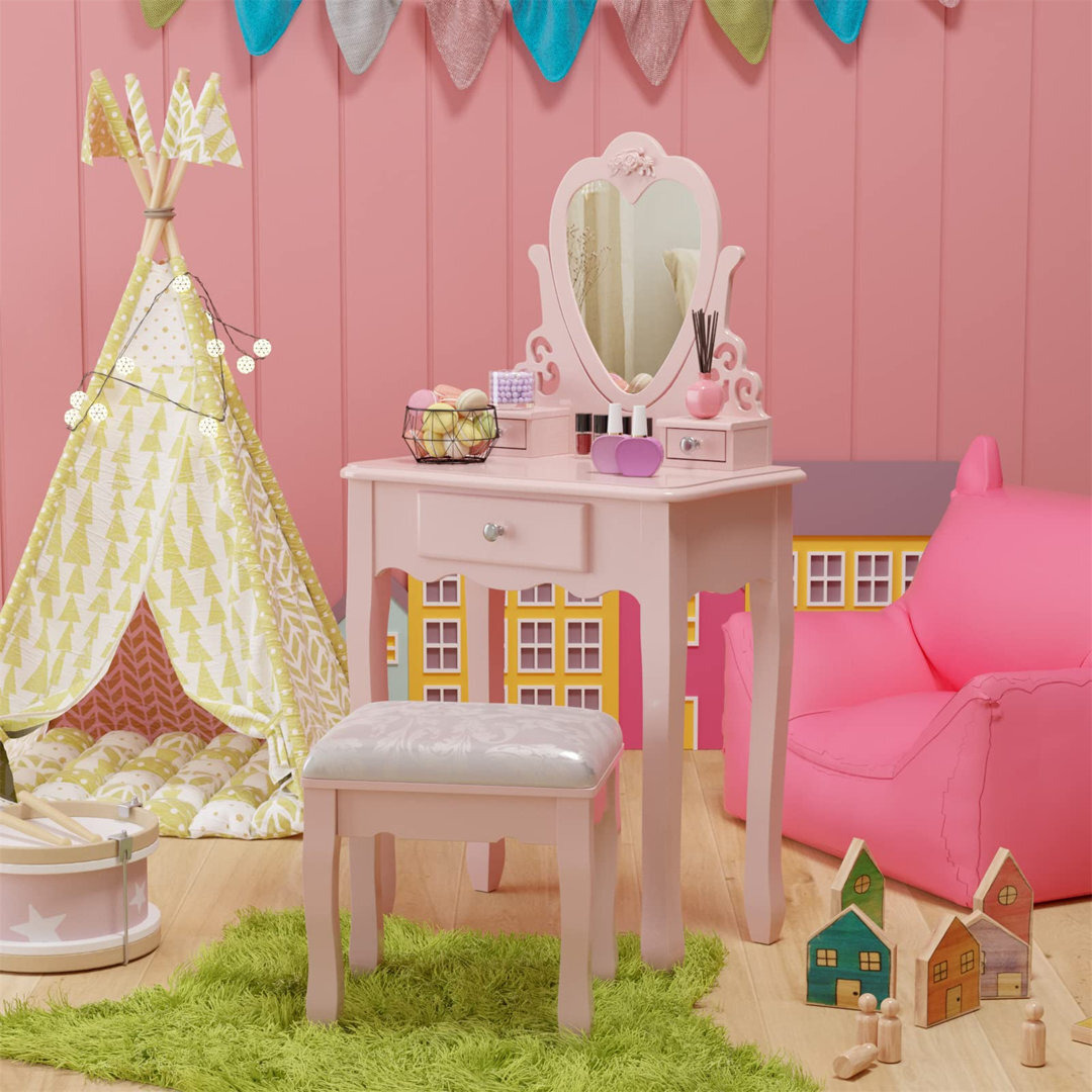 Girls Dressing Table With Mirror And Stool, Kids Vanity Table Set With Flip  Up Heart Mirror And 3 Drawers Bedroom Furniture Makeup Desk, Pink by  Wayfair | uFurnish.com