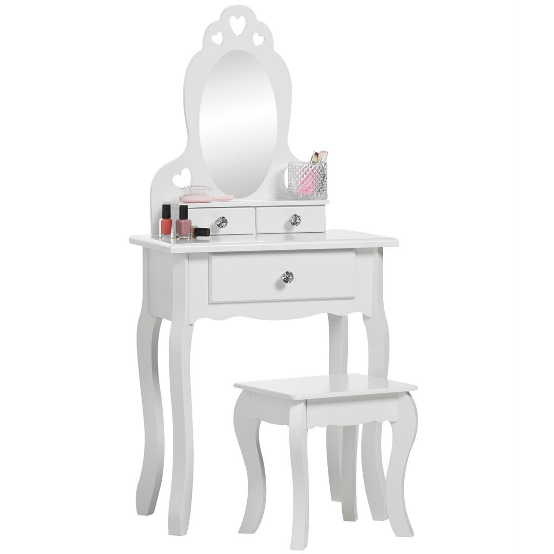Girls Dressing Table (Age 3-7Yrs) With Mirror And Stool, Childrens White Wooden Kids Vanity Table With Crystal Knobs Childs Dressing Table Set For A K