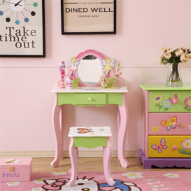 Children''s Dressing Table - Kids Vanity Table Set With Stool & Mirror For Girls Makeup - Wooden Child Vanity Tables Set With Drawer (Green) (Green)