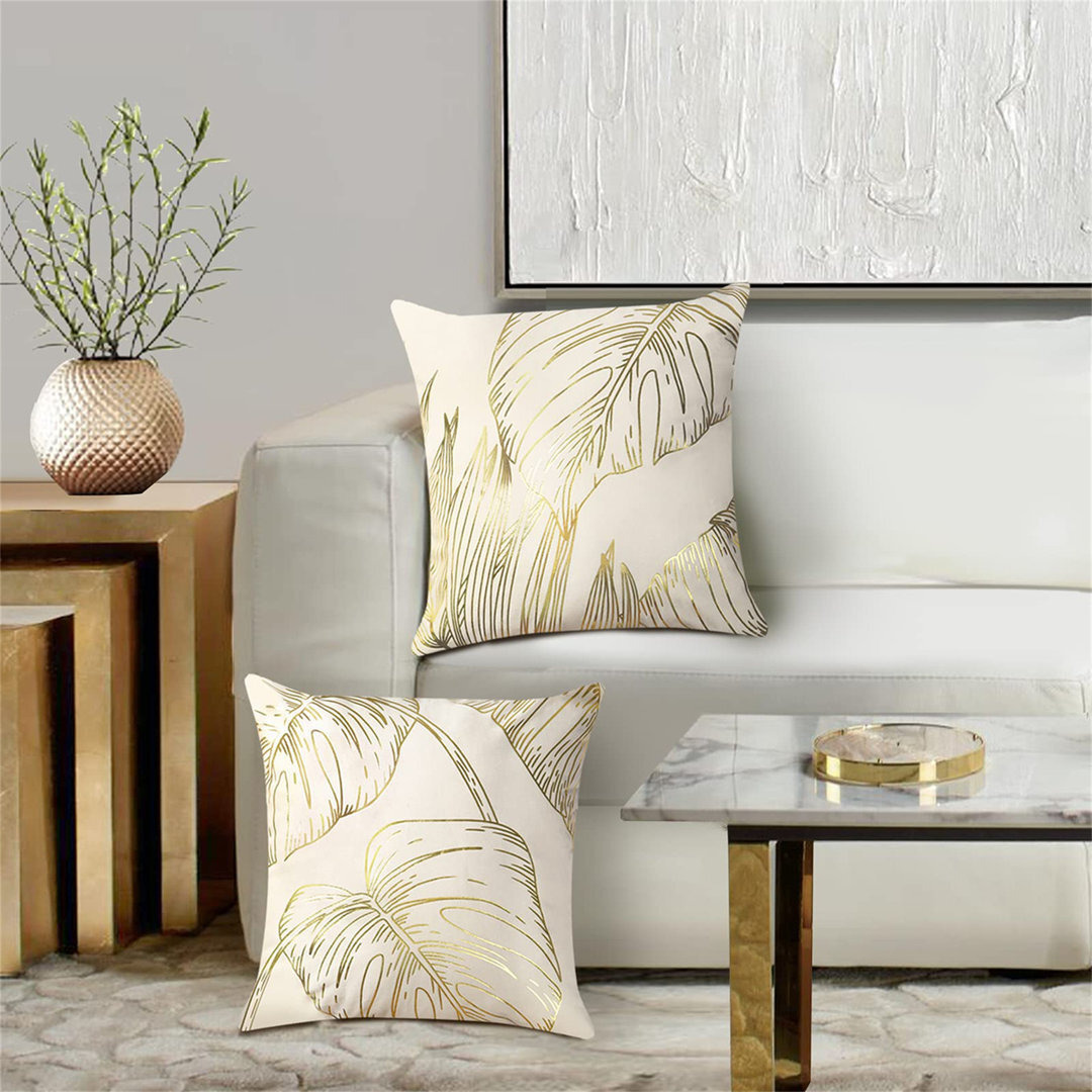 Cinambei Gold Leaves Cushion Covers 18 X 18 Inch Set of 2 Gold Foil Printing Decorative Throw Pillow Covers Soft Velvet Pillowcases for Sofa Couch Car