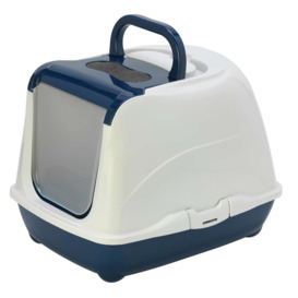 Hooded Blue Flip Cat Litter Tray + Clean Paws Blue Tray Mat - Scoop & Charcoal Filter Included