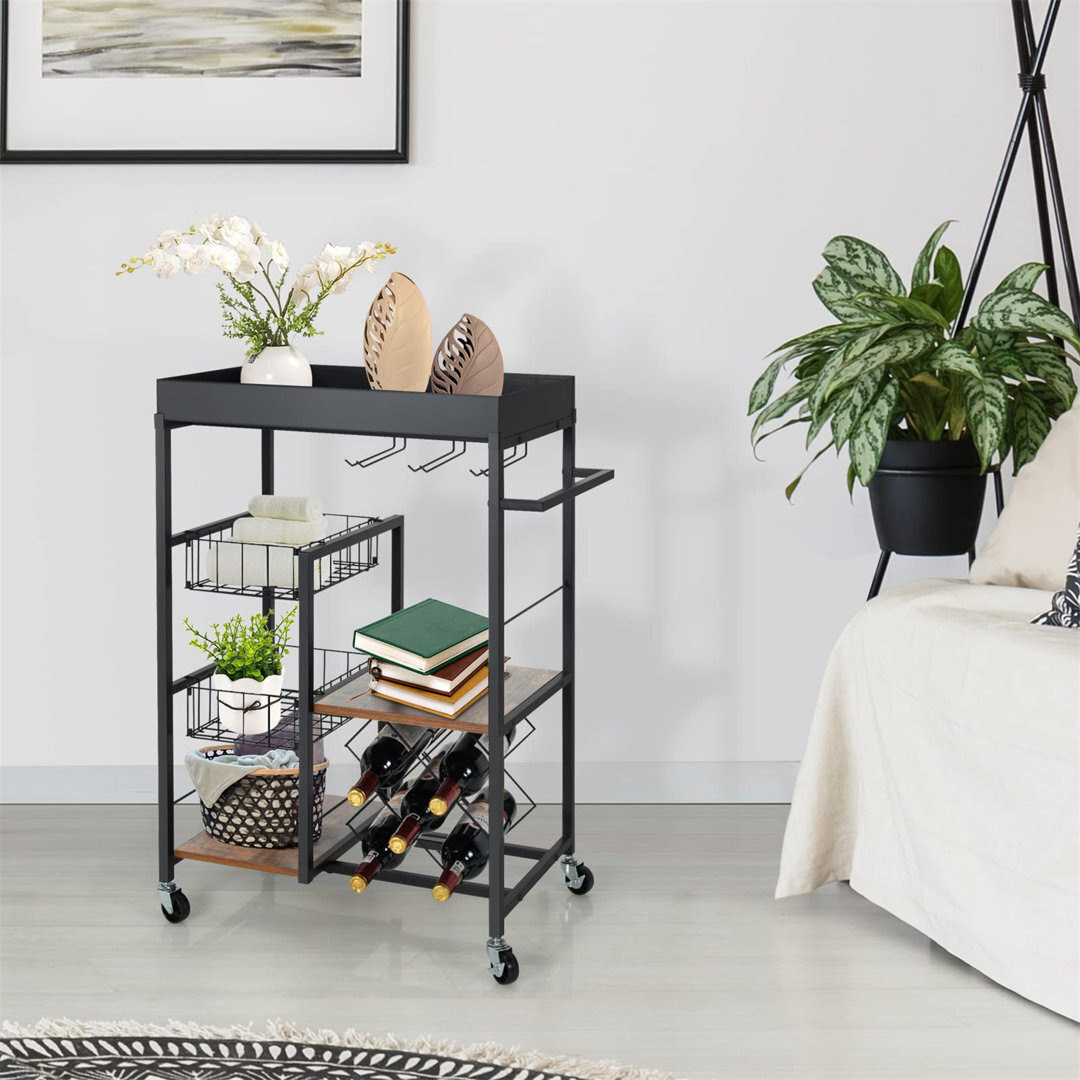 Kitchen Serving Trolley, Storage Cart With Lockable Wheels, Removable Tray, Wine Rack And Side Handle, Shelving Unit For Dining Room, Bar, Restaurant