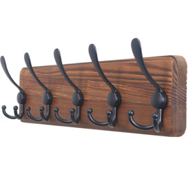 Coat Rack Wall Mounted - 5 Tri Hooks, Heavy Duty, Wooden Wall Coat Hanger Coat Hook For Clothes Hat Jacket Clothing, Natural & Black