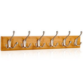 Wall-Mounted Coat Rack - 6 Matt-Nickel Triple Coat Hooks For Wall On Stylish Wooden Bamboo Base 59 Cm All Fixings Included