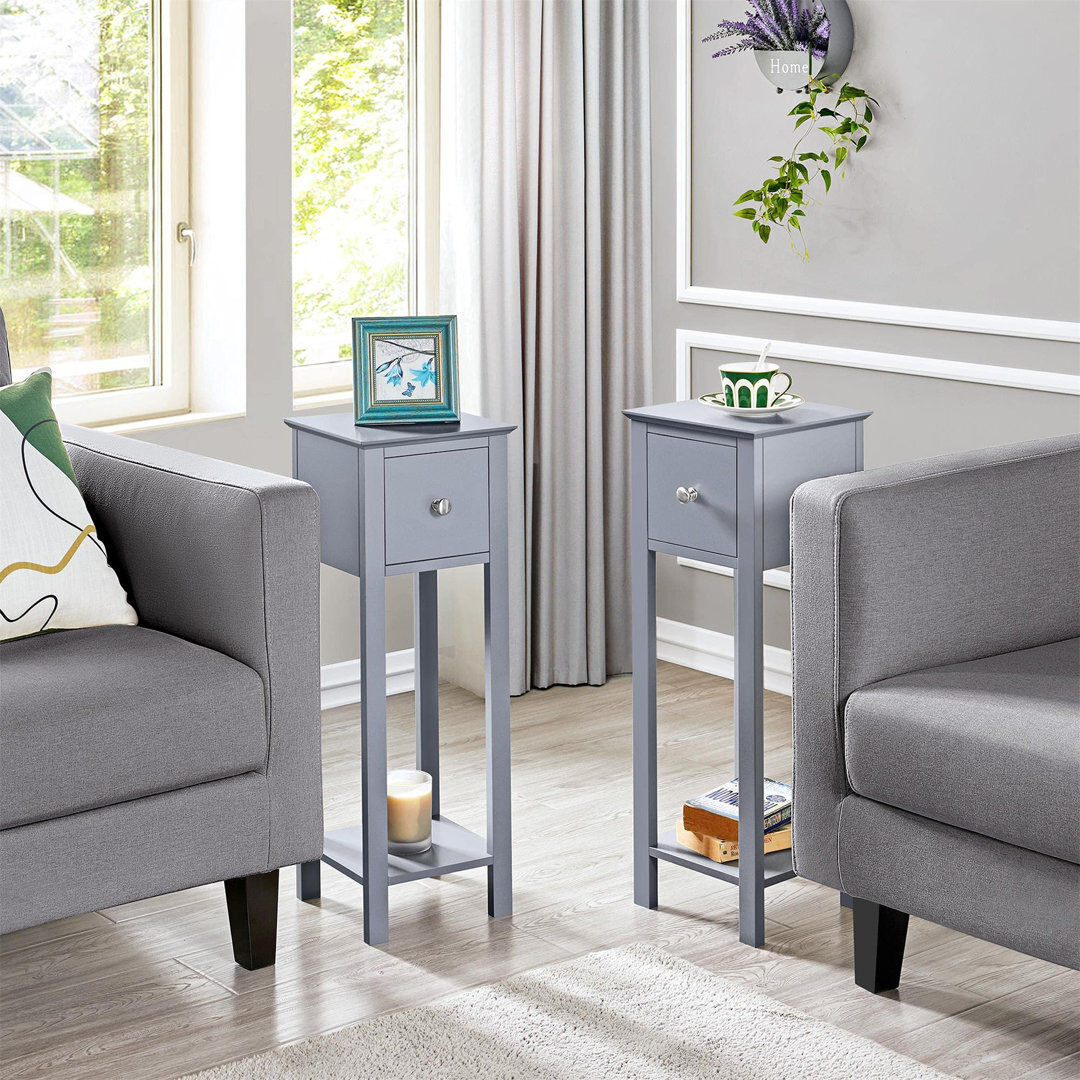 Grey Slim Bedside Table Set Of 2 Nightstand With Drawer Tall Telephone Table Narrow Side Table For Hallway/Living Room/Bedroom, 25X25X70Cm