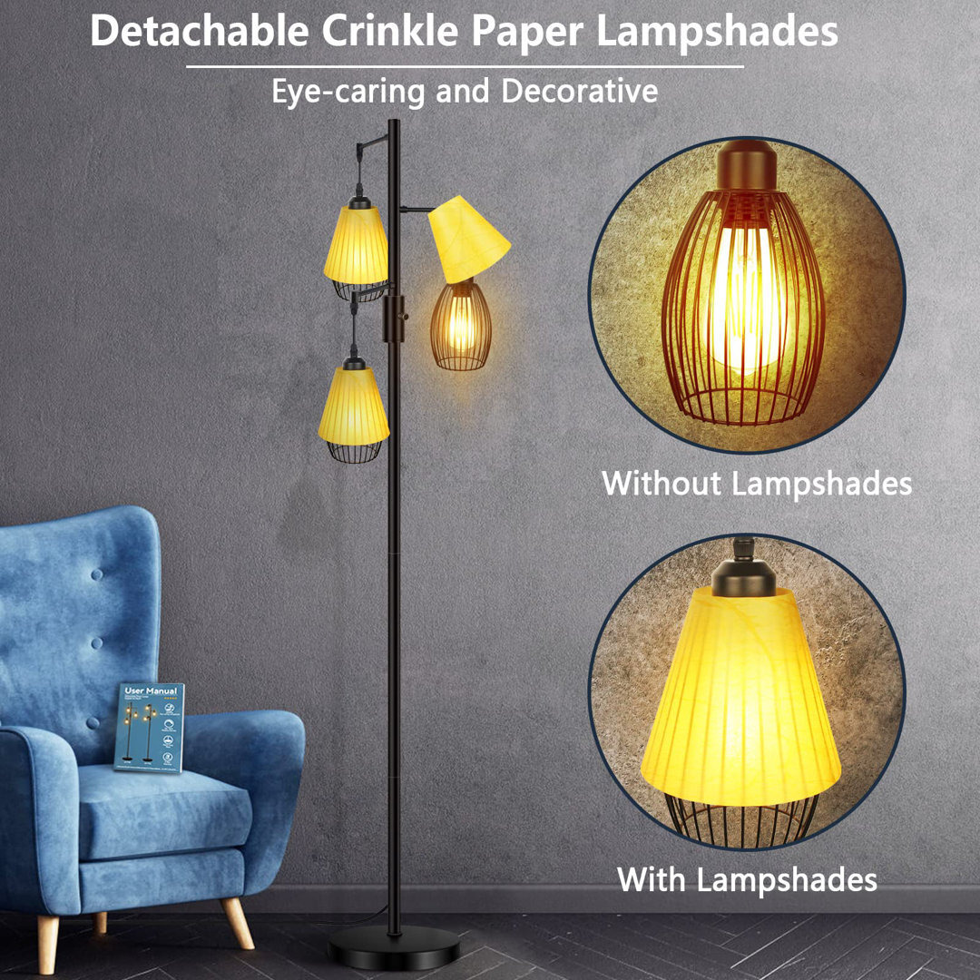 LED Floor Lamp Dimmable, Industrial Rustic Farmhouse LED Floor Light For Living Room Bedroom, Standing Tree Lamps Room Decor With Eye-Caring Lampshade