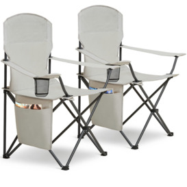 Set Of 2 Folding Camping Chairs, Extra-Wide Lightweight Outdoor Chairs With Armrests, Cup Holder And A Side Pocket, 120Kg Capacity Per Chair - Grey
