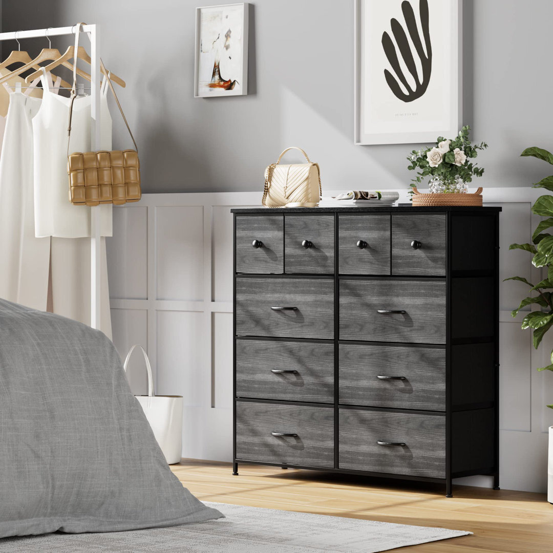 Dresser For Bedroom With 10 Drawers, Storage Drawer Organizer, Tall Chest Of Drawers For Closet, Clothes, Kids, Baby, Living Room, Wood Board, Fabric