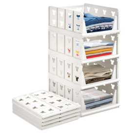 Set Of 4 Stackable Wardrobe Storage Organizer Plastic Shelves Foldable Baskets Divider Boxes For Clothes Dressers Bedroom, White