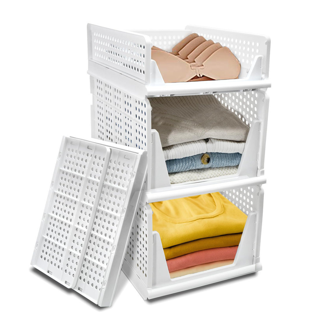 Stackable Foldable Wardrobe Storage Box Organiser, 3 Set Closet Containers,Pull Out Drawer Inside Plastic Wardrobe Shelves Closet Organiser Box For Ho
