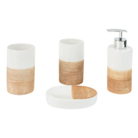 4-Piece Set Consisting Dispenser, Soap Dish And Toothbrush Cups, Bathroom Accessories Refillable, Ceramic, Beige/White