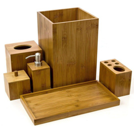 Bamboo Toilet Bathroom Accessory 6Pc Piece Set Soap Dispenser Soap Dish Toothbrush Holder Tray Toilet Bin Natural
