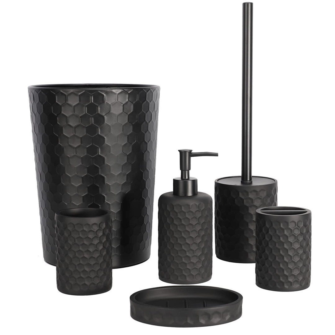 Bathroom Accessory Set, 6 Piece Black Bathroom Accessories Set With Trash Can, Toothbrush Holder, Toothbrush Cup, Soap Dispenser, Soap Dish, Toilet Br