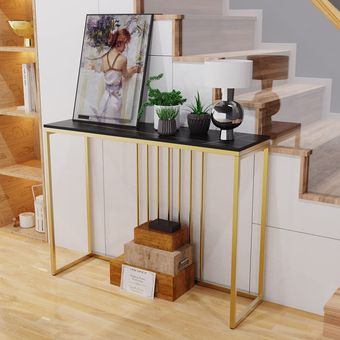 Slim Console Table Hallway Unit: Black Gold Lines Pattern Marble Top Consoles Desk Long 100Cm High Gloss Sintered Stone Marbles Effect And Gold Frame