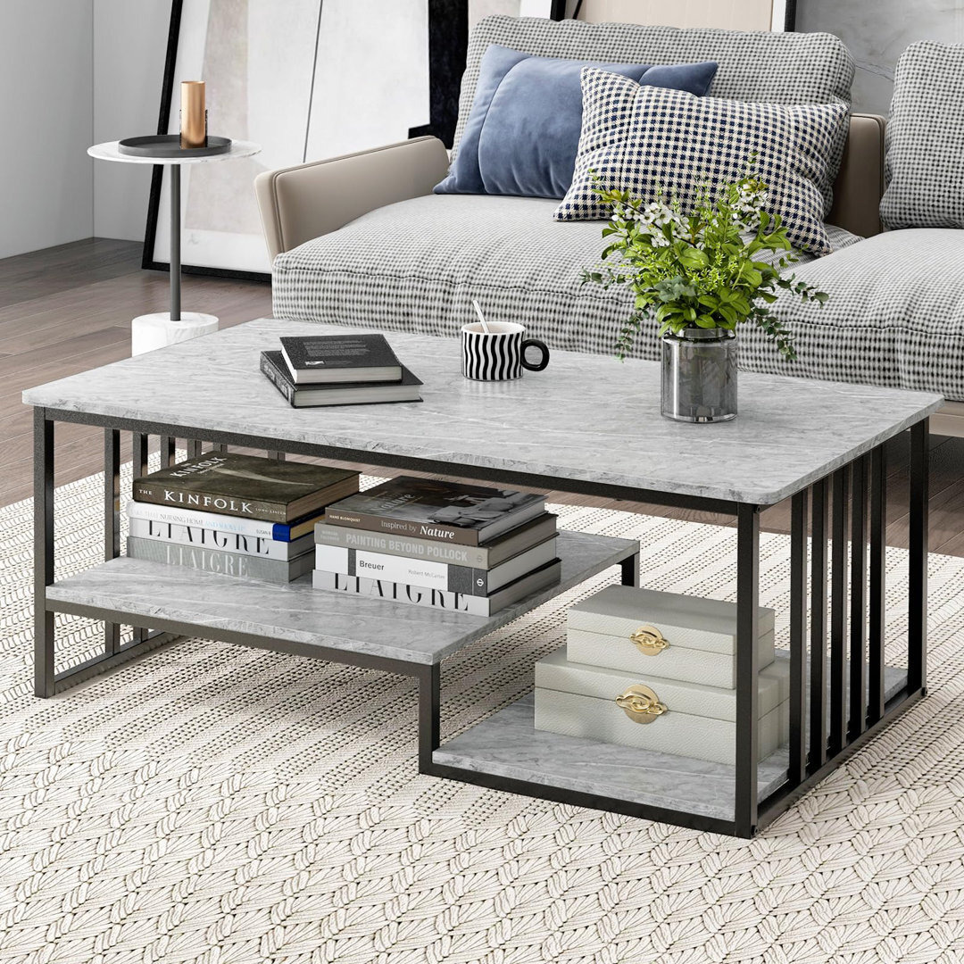 3-Tier Coffee Table, Faux Marble Cocktail Center Table With Open Storage Shelves, Metal Frame Accent Sofa Snack Tea Table For Living Room Bedroom