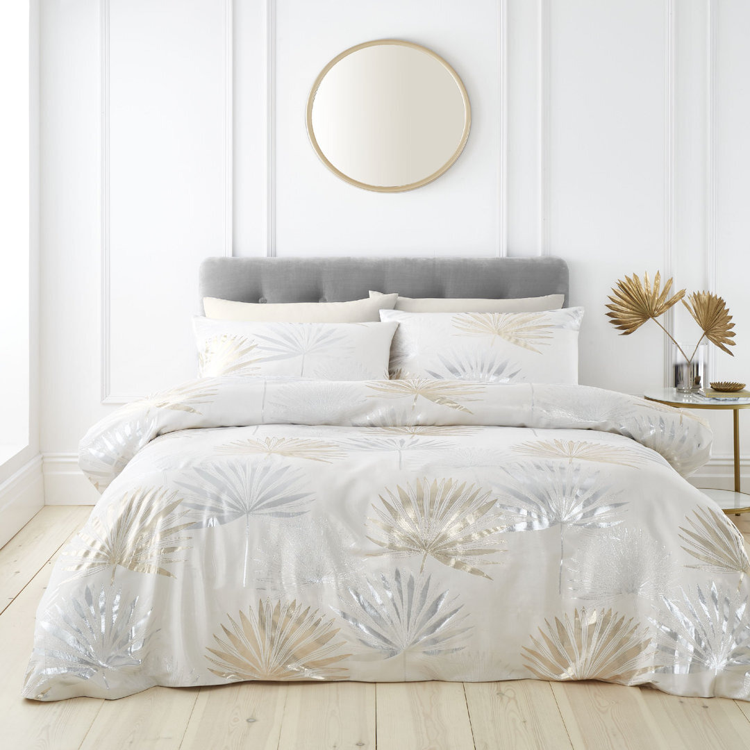 Luxe Palm Jacquard Super King Duvet Cover Set with Pillowcases Silver Grey Gold