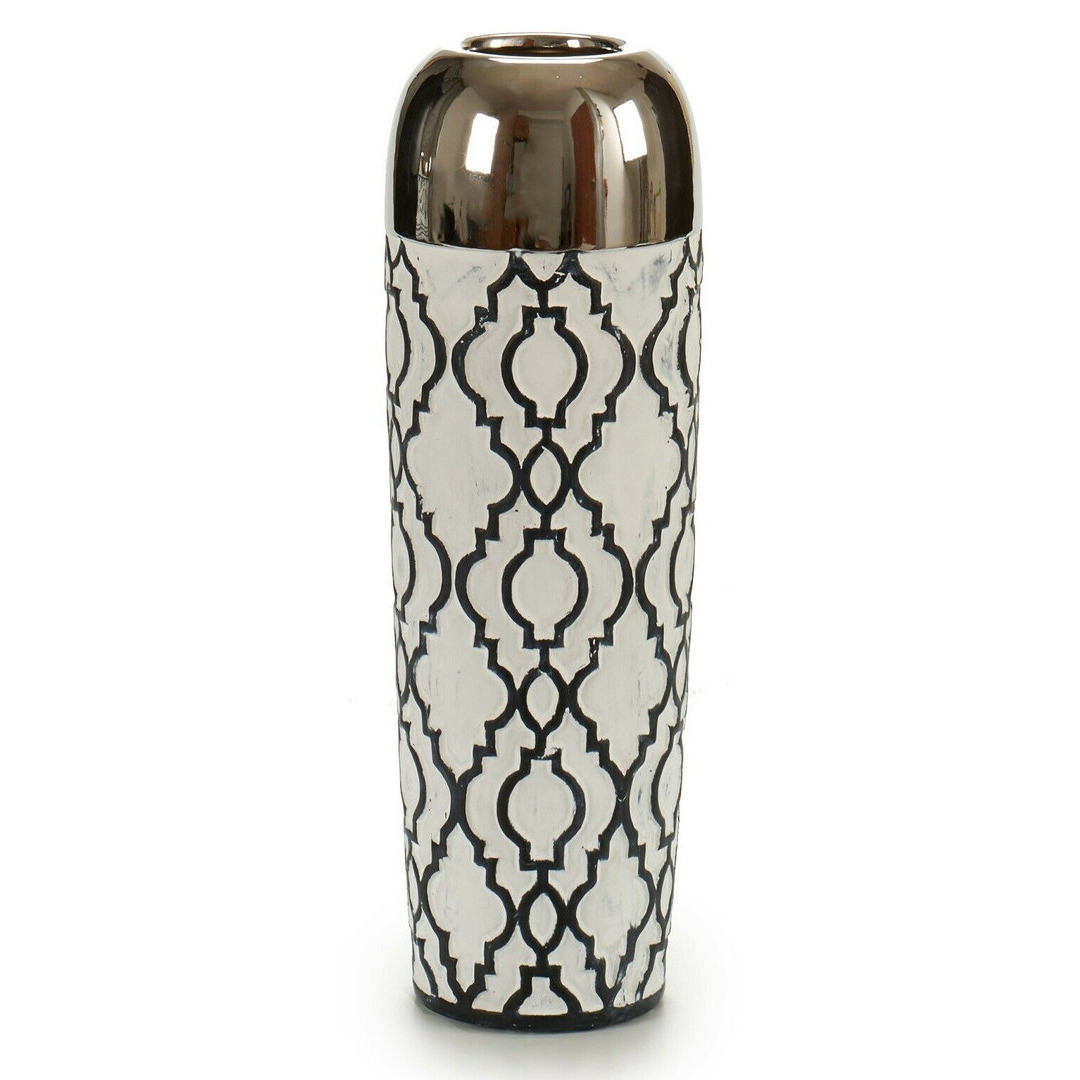 30Cm Tall Round Ceramic White & Silver Decorative Flower Vase Ethnic Design