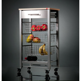 APRIL Kitchen Trolley with 3 Baskets, Stainless Steel Box, Bottle Rack and Beech Color Chart