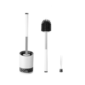 Toilet Brush With Drainage Holder Set,Flex Silicone Anti-Clog Anti-Drip Brush Head, White/Grey Colour With Stainless Steel Handle, 1-Pack With Diatomi