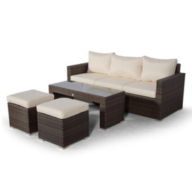 Villatoro Brown Rattan 3 Seat Sofa With 2 Stool Coffee Table, Outdoor Patio Garden Furniture